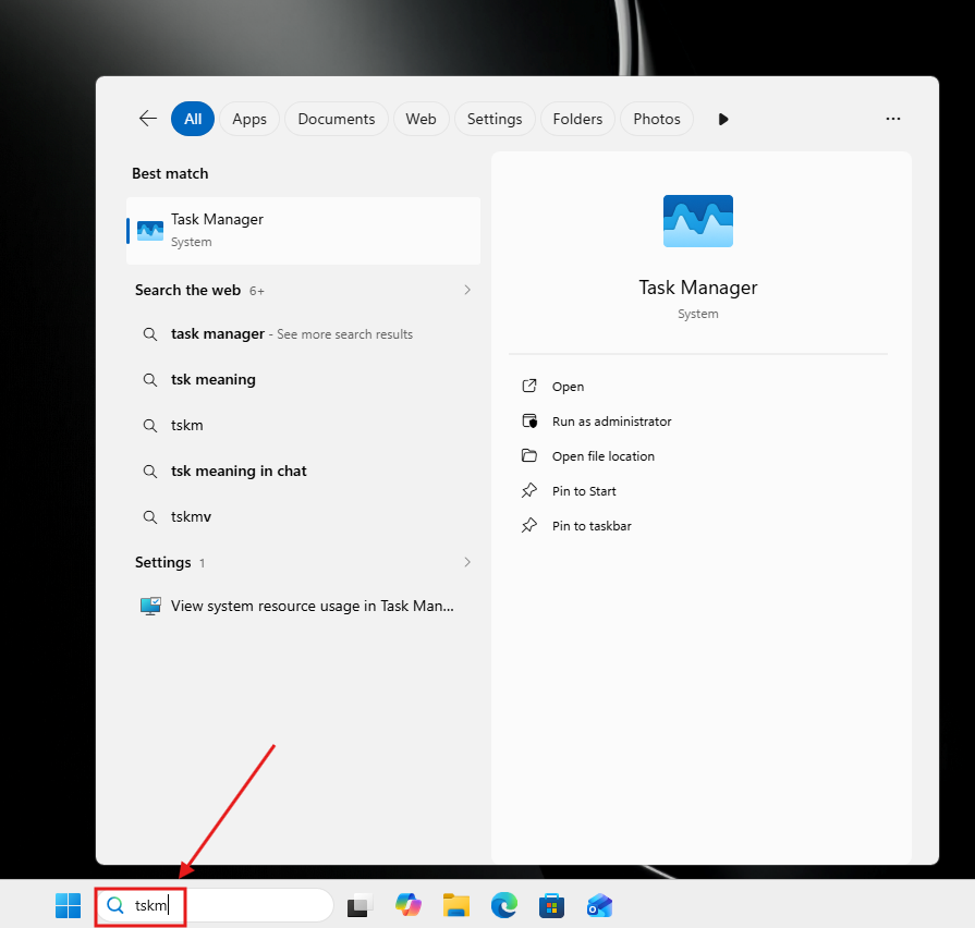 Windows Search hiển thị Trình quản lý tác vụ sai chính tả
