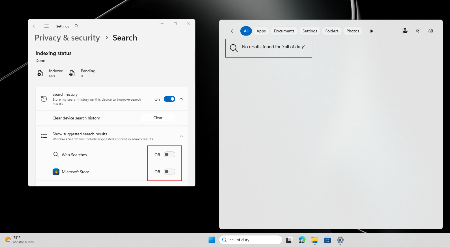 Windows Search không hiển thị kết quả nào cho truy vấn sau khi tắt Tìm kiếm trên web và Microsoft Store