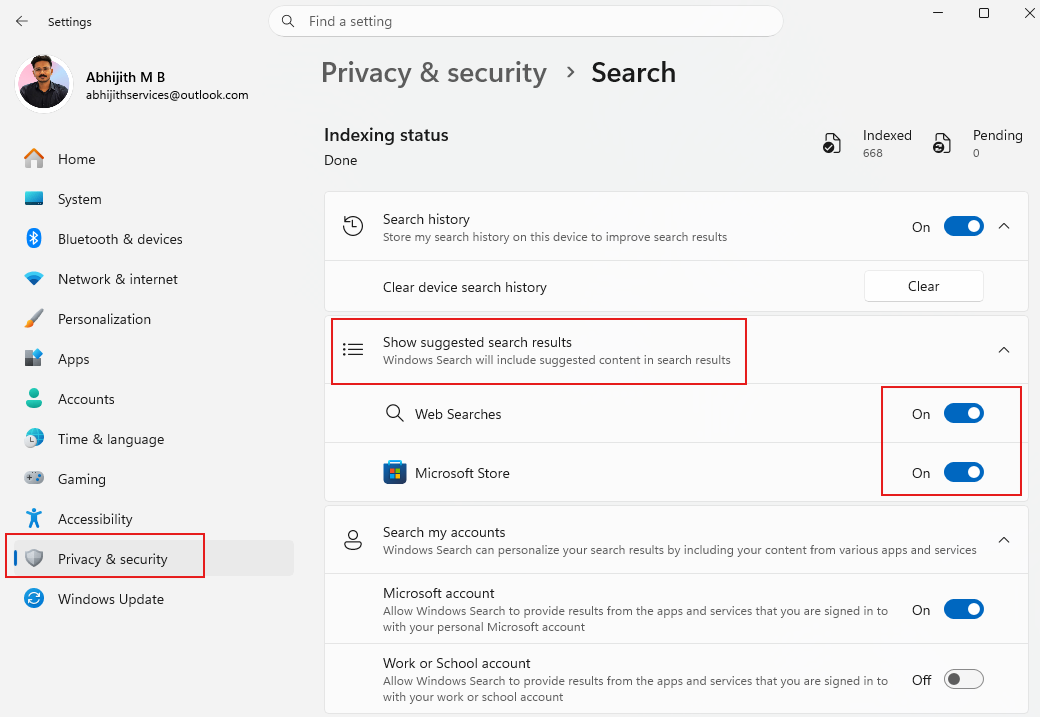 các nút chuyển đổi mới để tắt Tìm kiếm trên web và Microsoft Store trong Windows Search