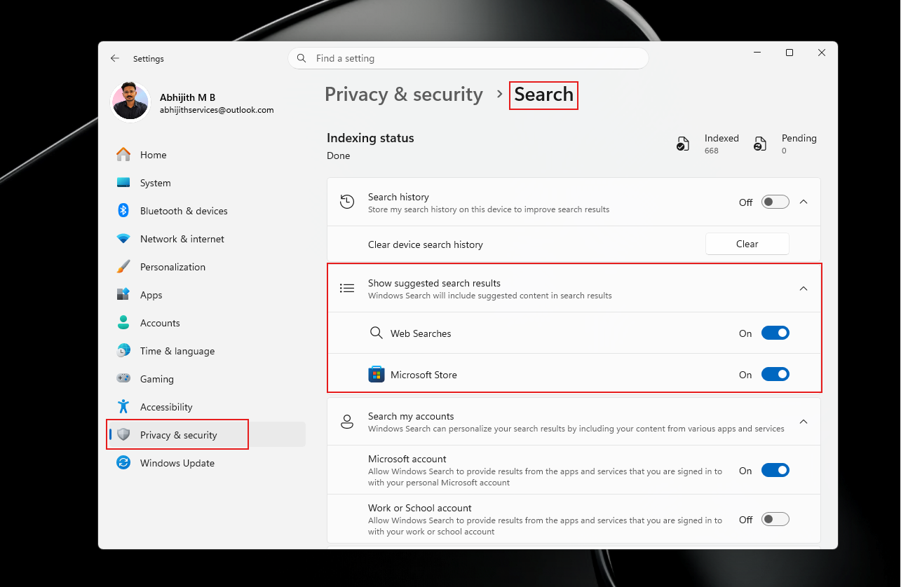 chuyển đổi để tắt tìm kiếm trên web và tìm kiếm trên Microsoft Store trong Windows Search