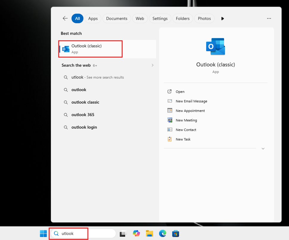 utlook cung cấp cho Outlook dưới dạng kết quả Tìm kiếm của Windows