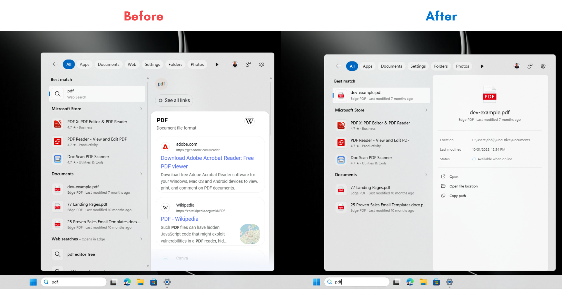 Trước và sau khi tắt tìm kiếm trên web trong Windows Search