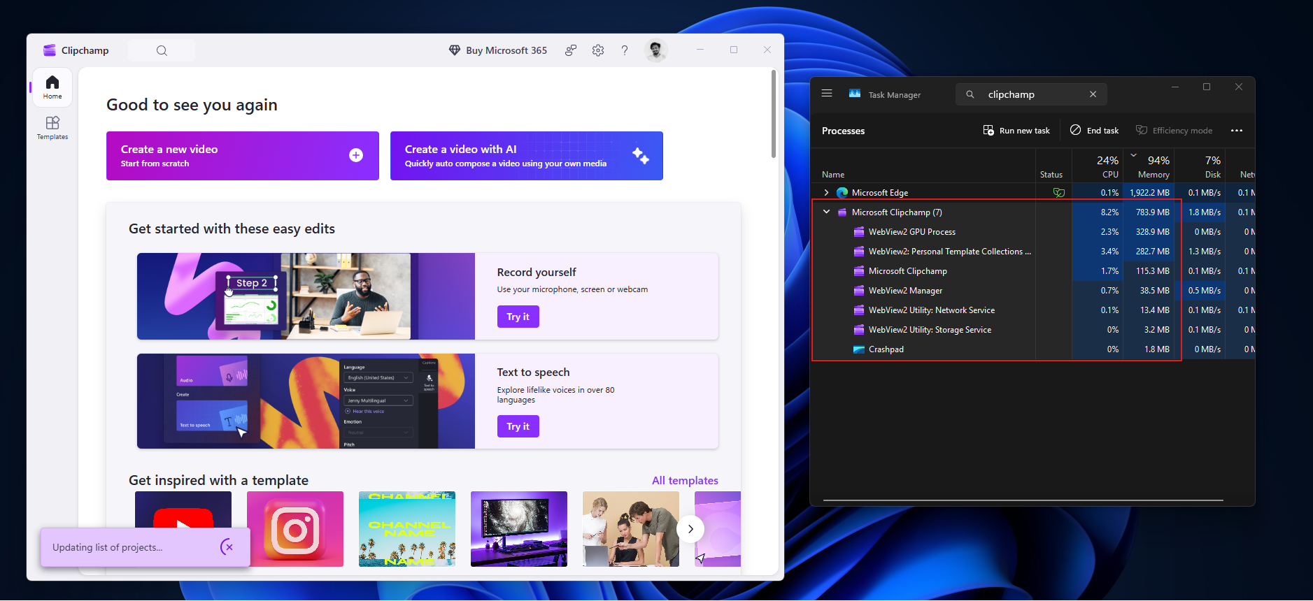 Sử dụng RAM Clipchamp
