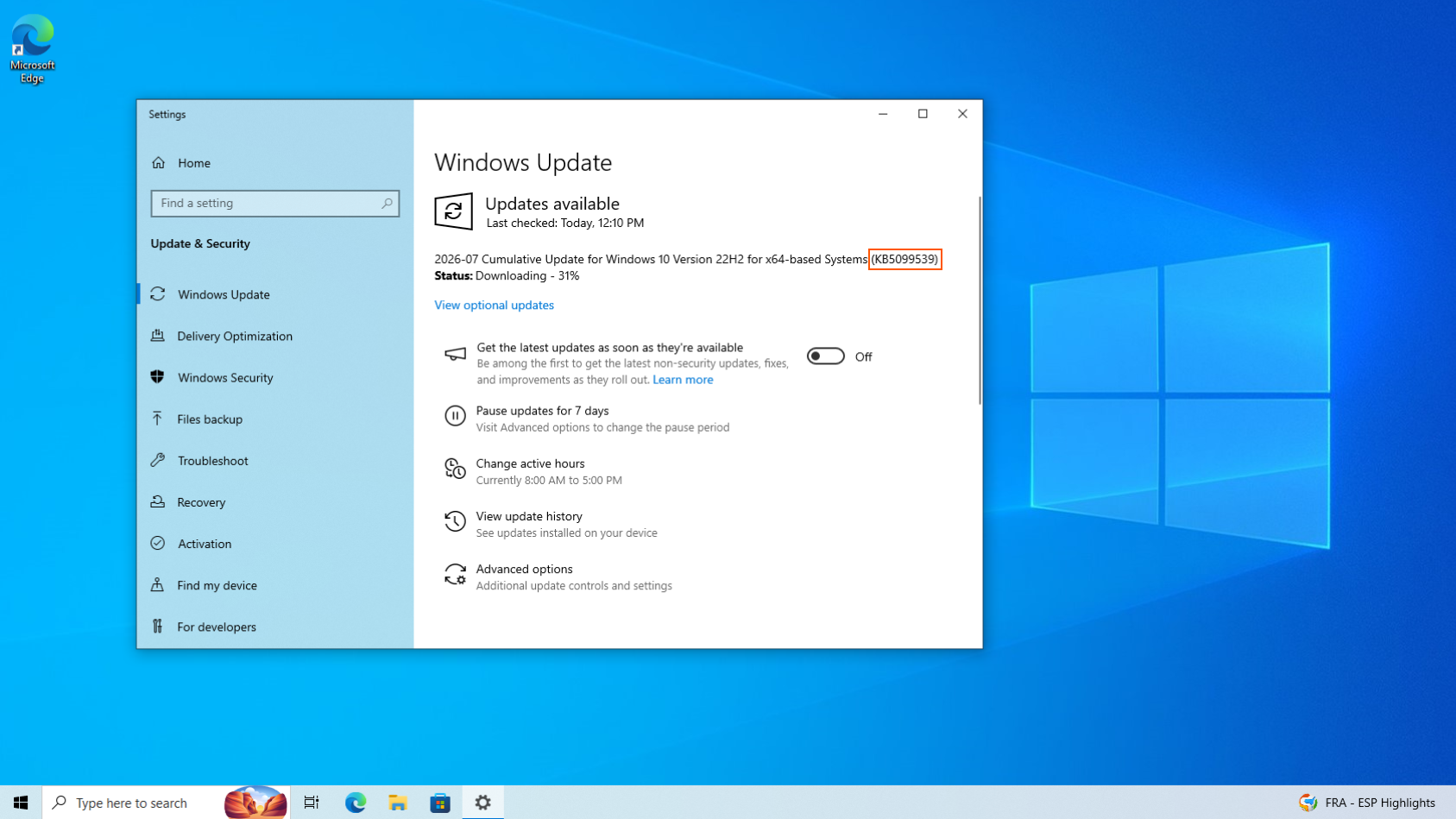 Bản cập nhật tích lũy 2026-07 cho Windows 10 phiên bản 22H2 dành cho hệ thống dựa trên x64 (KB5099539)