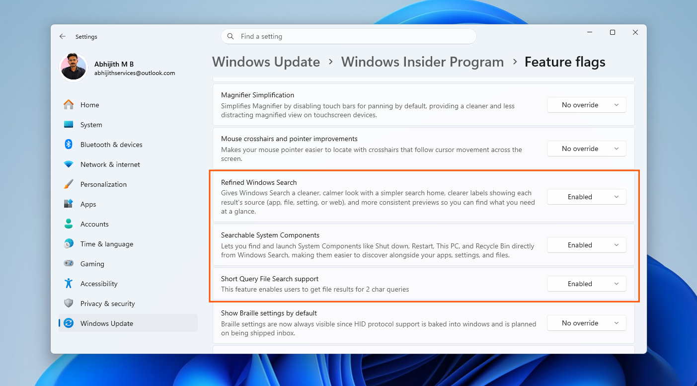 Cách kích hoạt các cải tiến Tìm kiếm mới cho Windows Insider