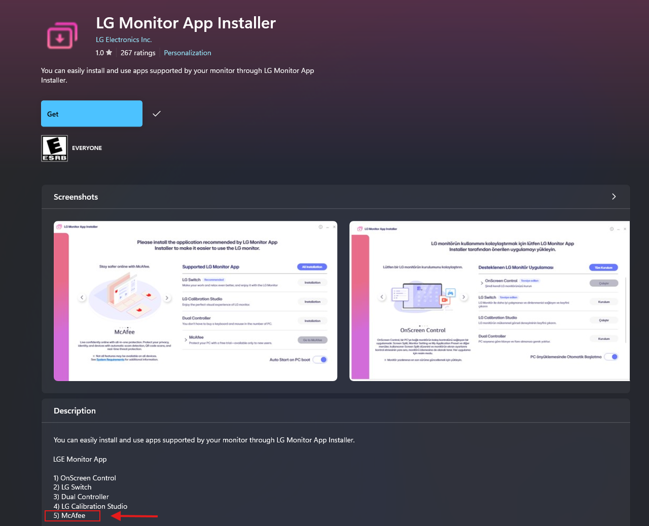 Trình cài đặt ứng dụng LG Monitor hiển thị McAfee như một phần trong danh sách các công cụ giám sát của họ