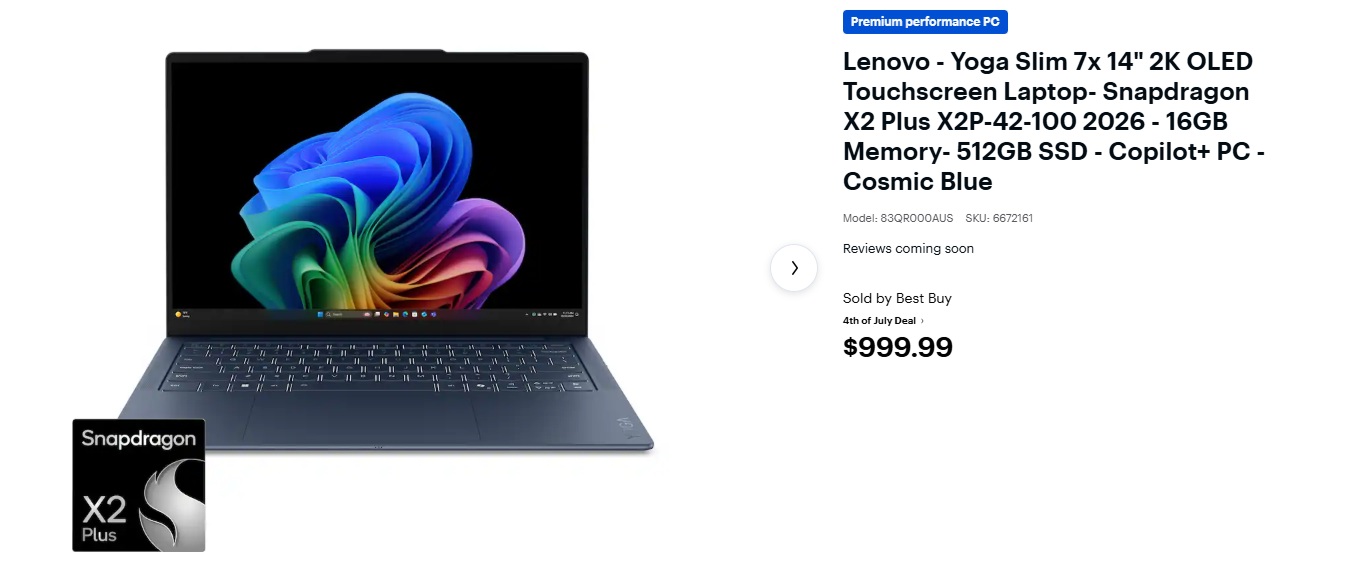 Lenovo Yoga Slim 7x with Snapdragon X2 Plus for 999USD