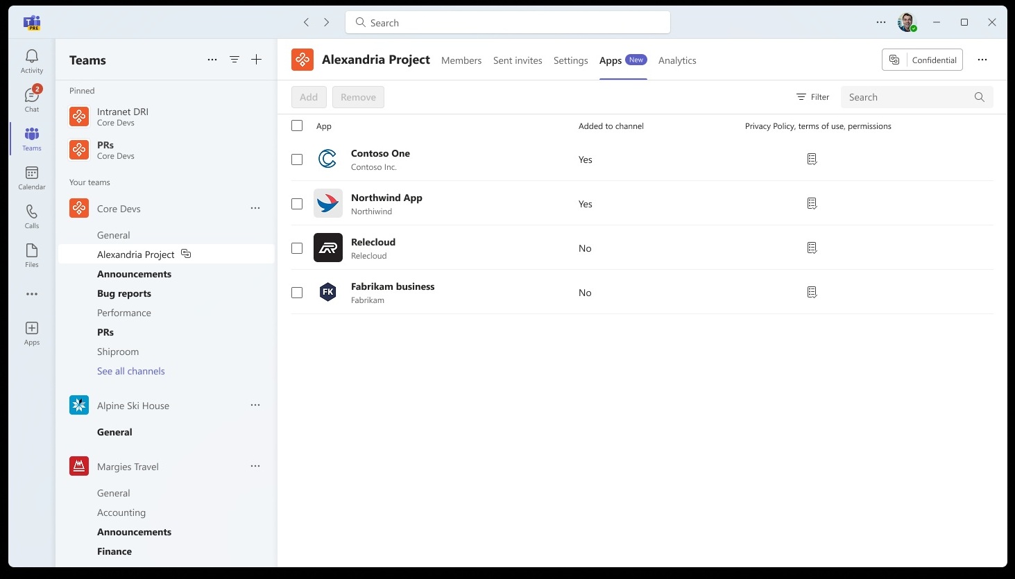 Quản lý ứng dụng trong các kênh Microsoft Teams