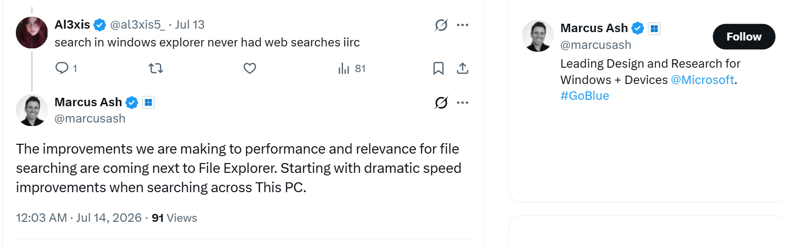 Marcus Ash cho biết tìm kiếm File Explorer ngày càng nhanh hơn