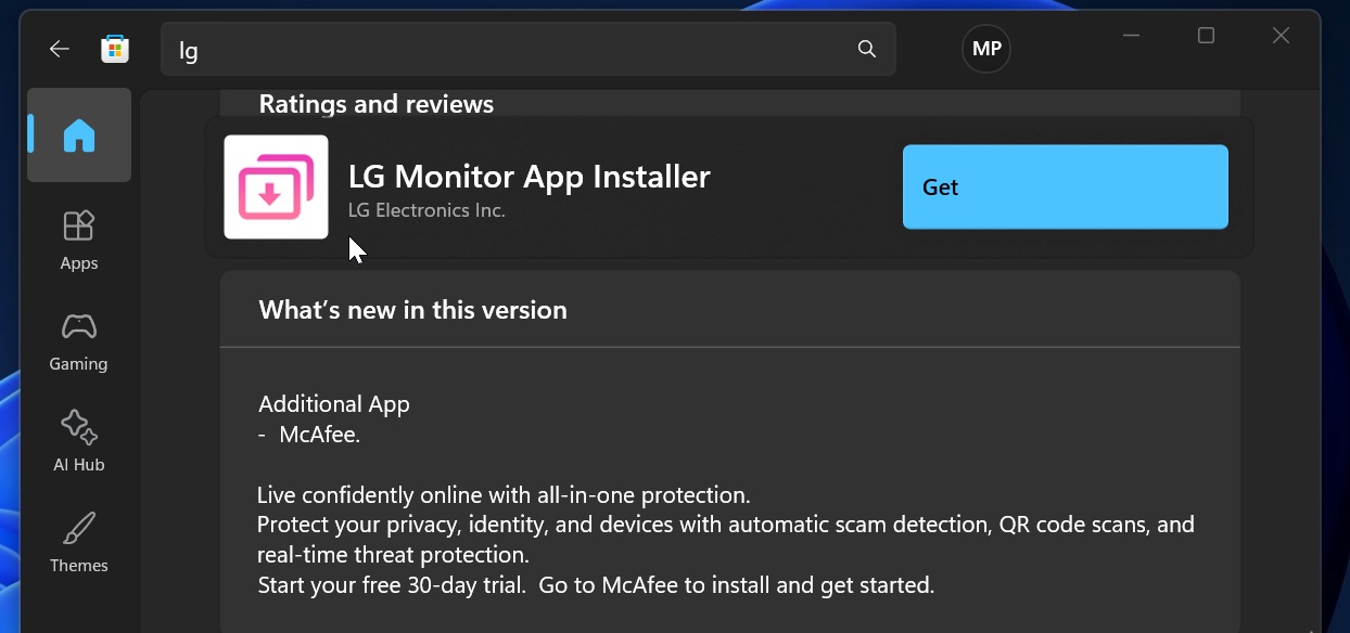 McAfee trong Windows Store