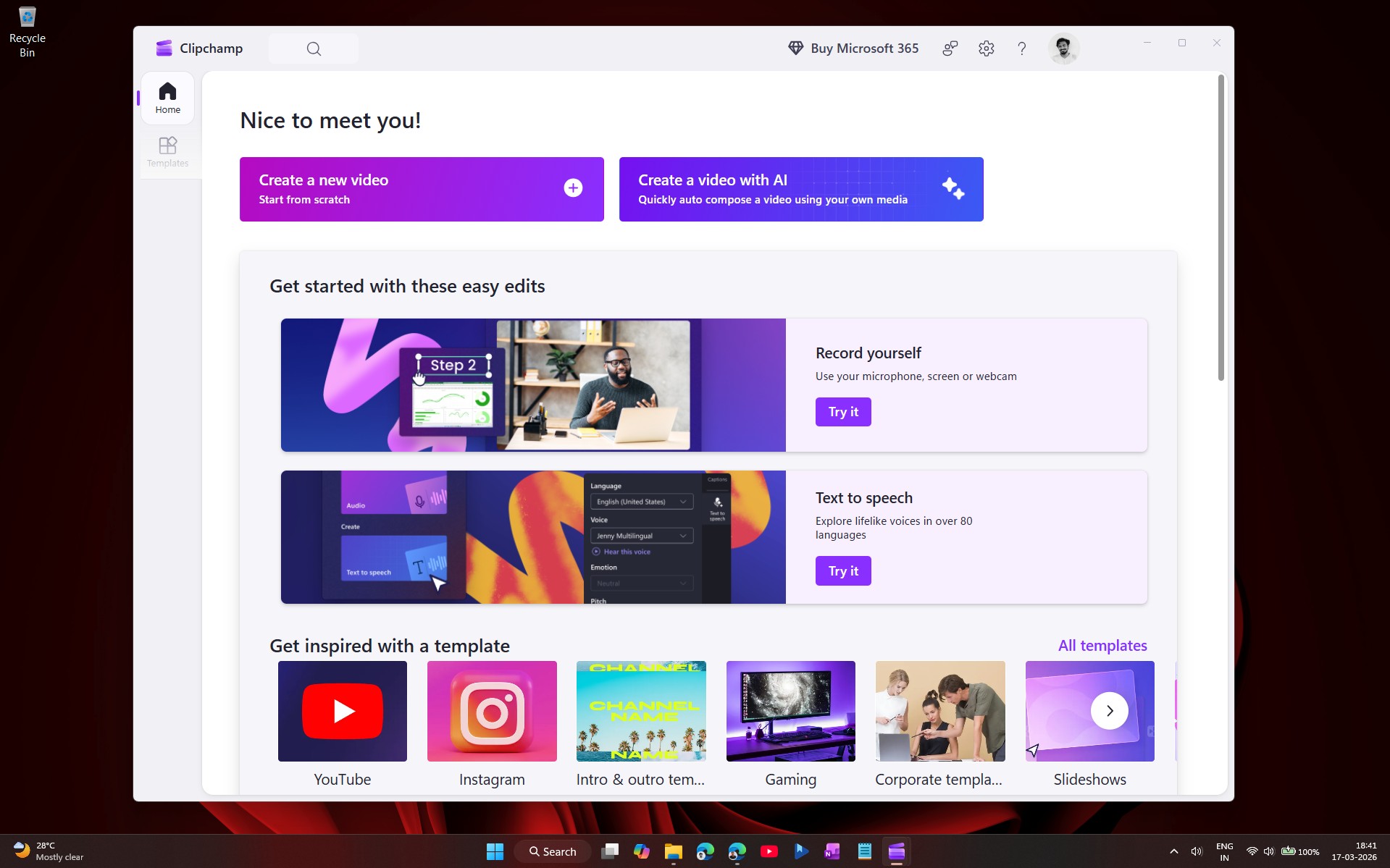 Microsoft Clipchamp mở trong máy tính để bàn Windows