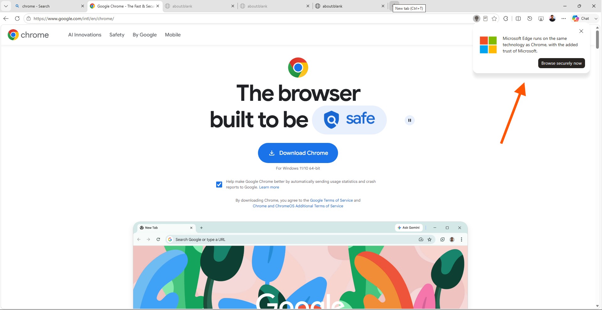 Microsoft hiển thị cửa sổ bật lên trong trang tải xuống Chrome trong Edge