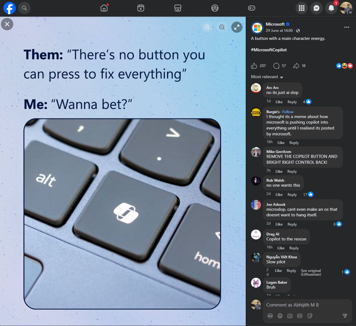 Bài đăng trên Facebook của Microsoft cường điệu hóa khóa Copilot gây phản tác dụng