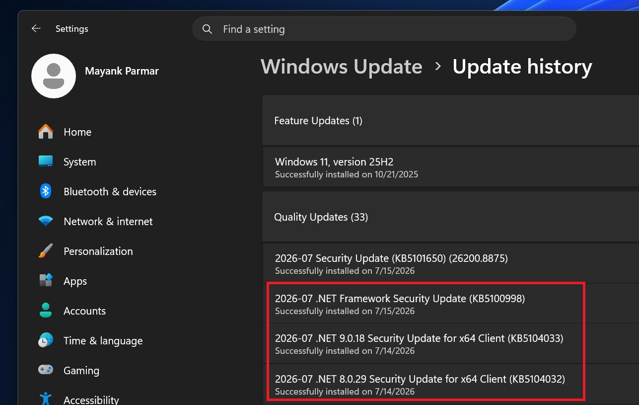 Cập nhật .NET Framework trên Windows Update