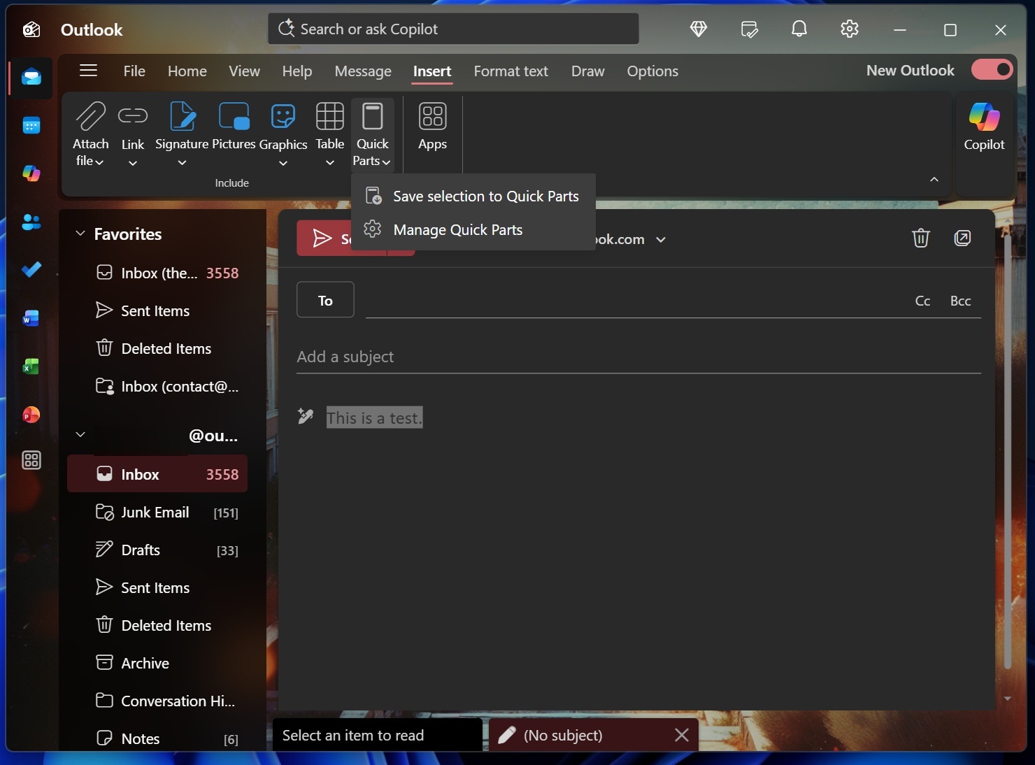 Các phần nhanh Outlook mới trong tab Chèn