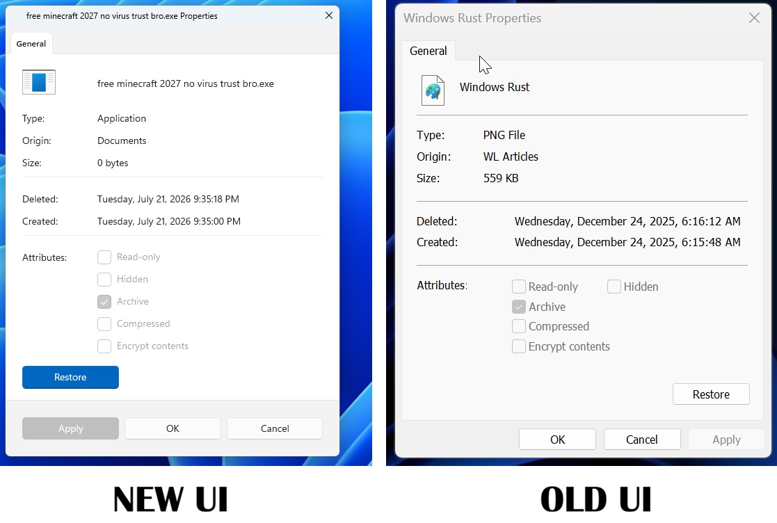 Giao diện người dùng mới và giao diện người dùng cũ của bảng Thuộc tính trong Windows 11