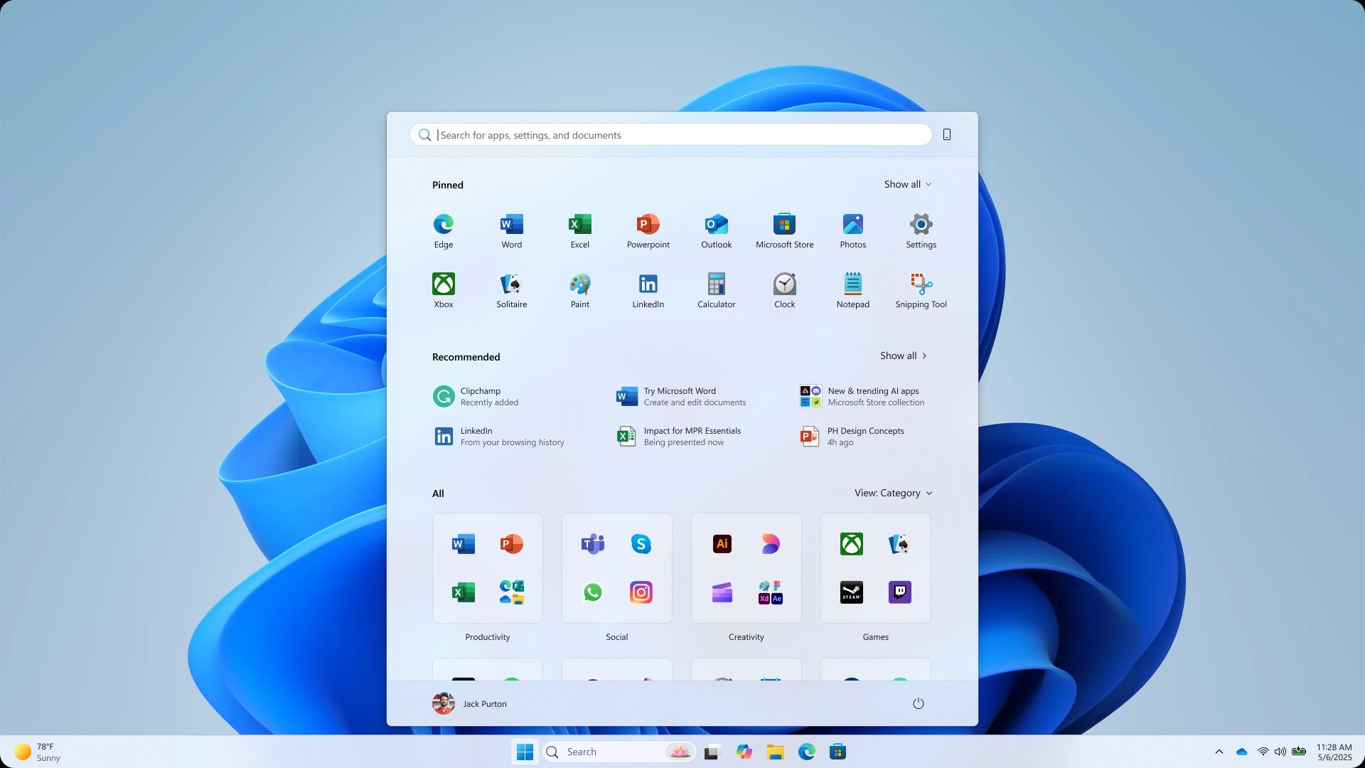 Menu Bắt đầu của Windows 11 mới với các ứng dụng được ghim, Đề xuất và chế độ xem Danh mục cho tất cả các ứng dụng
