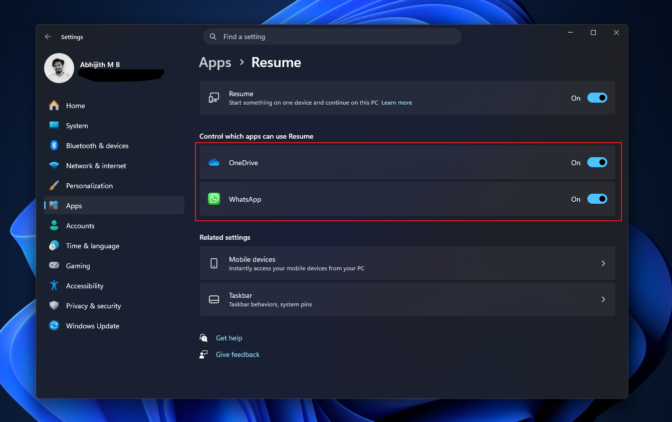 Tính năng tiếp tục trong Windows 11