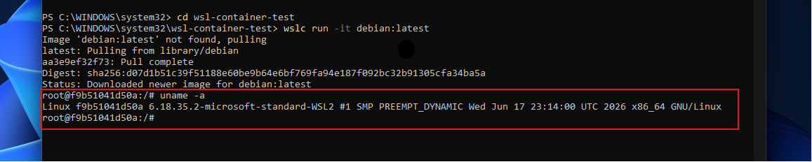 Chạy uname -a bên trong bộ chứa WSL xác nhận đó là nhân Linux thực sự, không phải lớp dịch