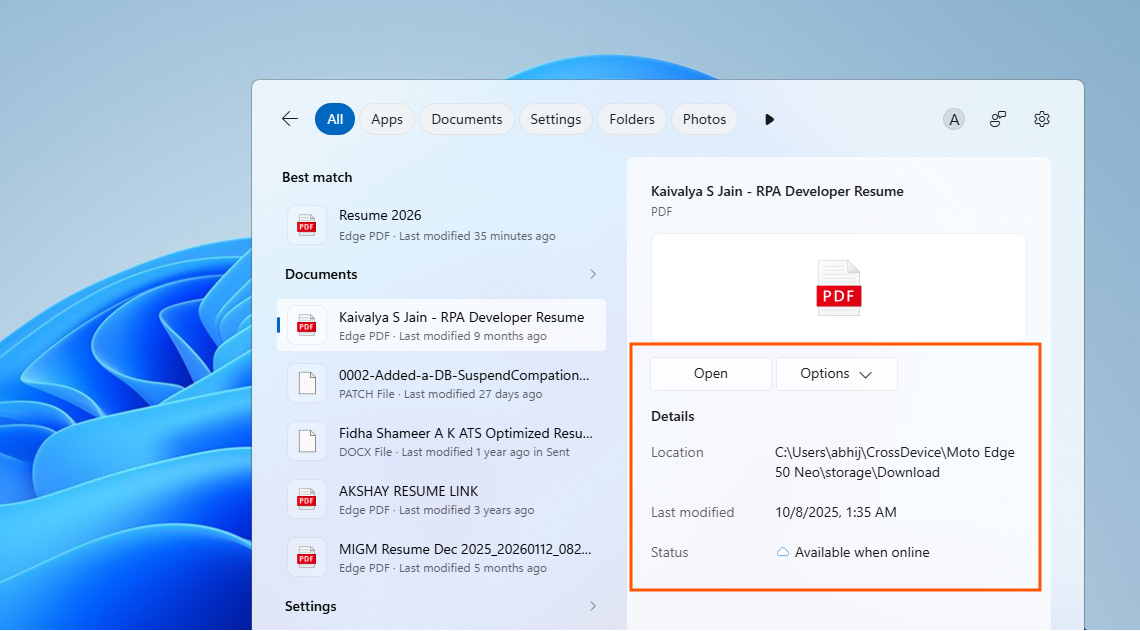 Tìm kiếm hiển thị nhiều dữ liệu meta hơn về các tệp cục bộ