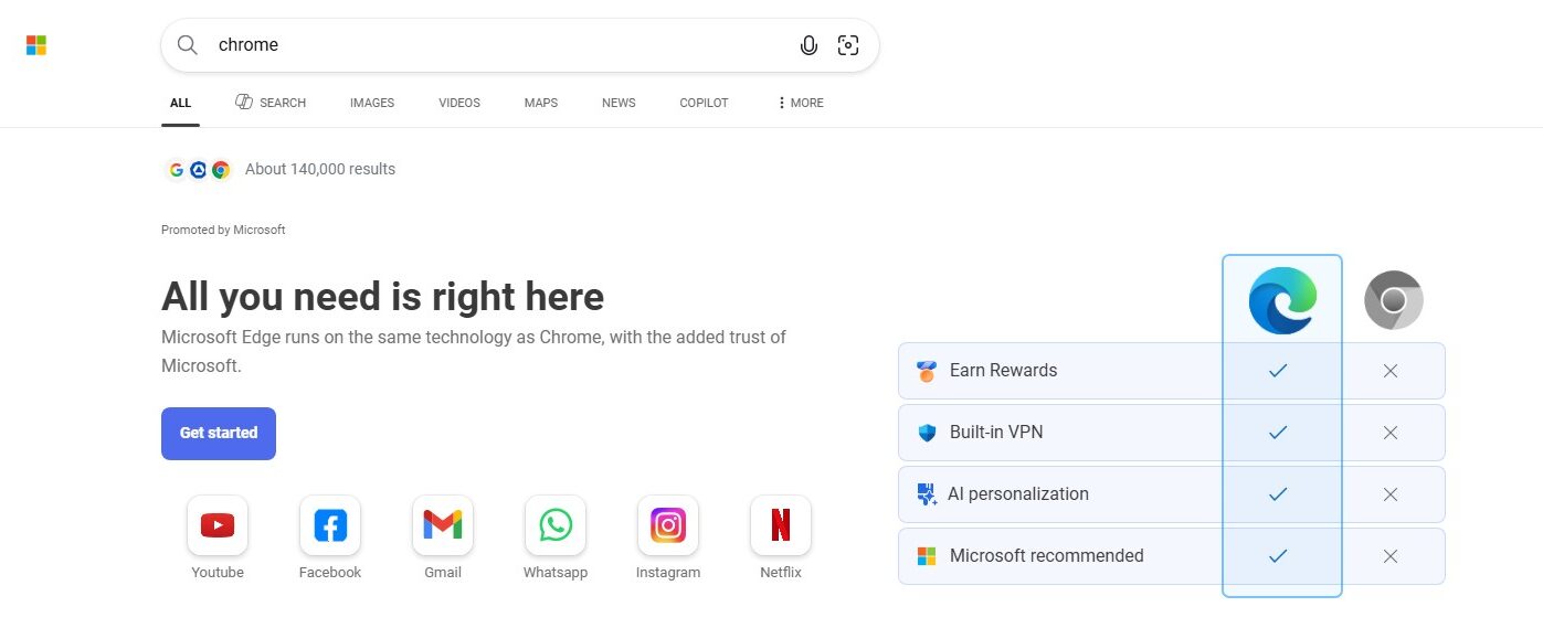 Tìm kiếm Chrome trên Bing