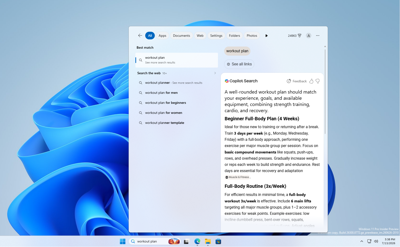 Tìm kiếm kế hoạch tập luyện trong Windows Search mới