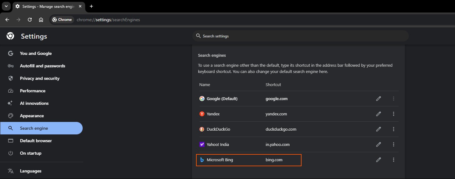 Chọn Bing trong Chrome làm công cụ tìm kiếm mặc định
