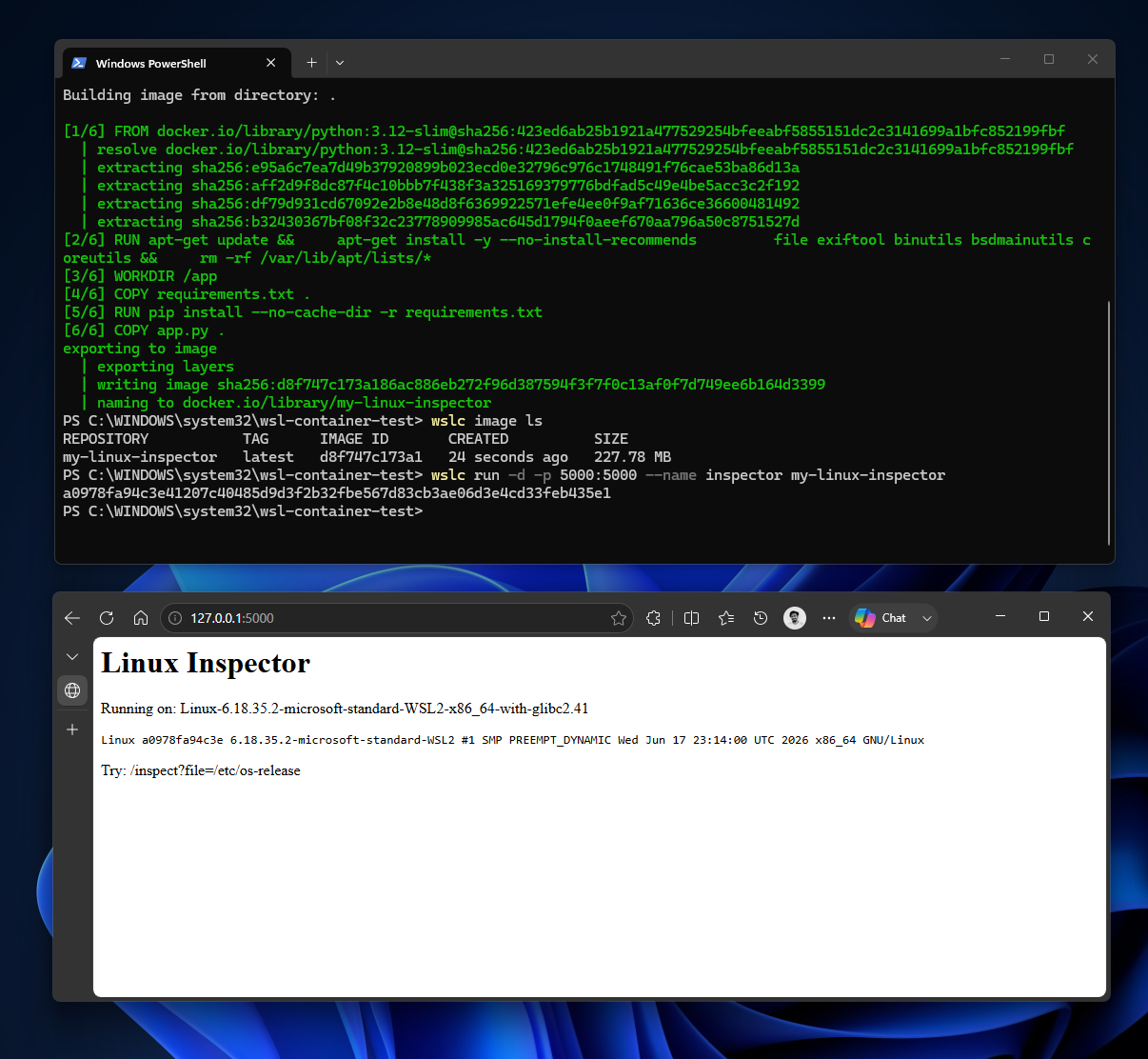 Máy chủ Flask bên trong vùng chứa Linux, được truy cập thông qua localhost trên Windows mà không cần thiết lập mạng bổ sung