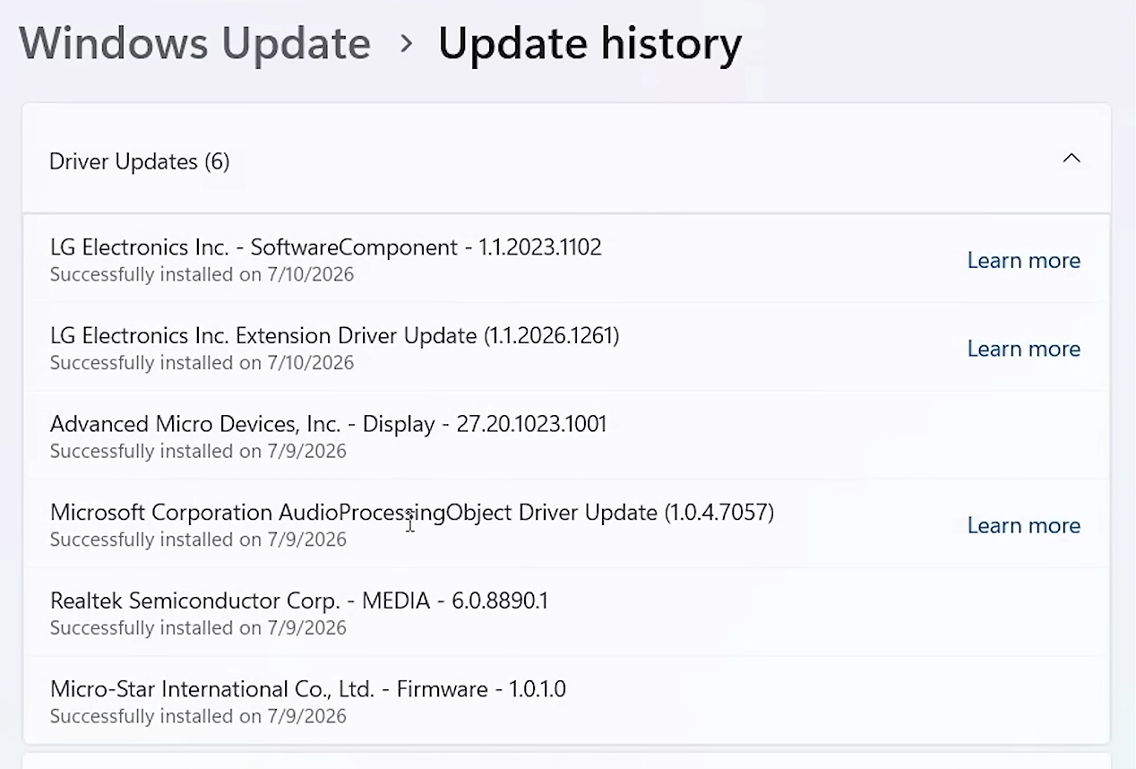 Windows Update cài đặt Trình điều khiển LG sau khi kết nối màn hình LG